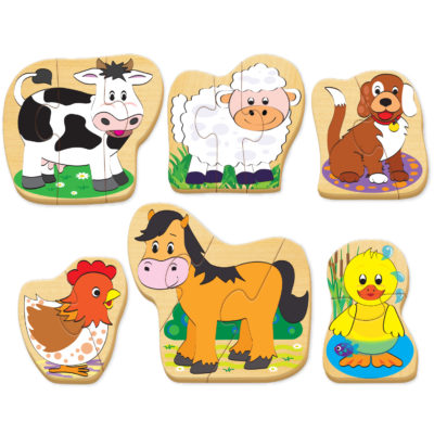 assorted farm animals including a cow, sheep, duck, hen, horse and dog