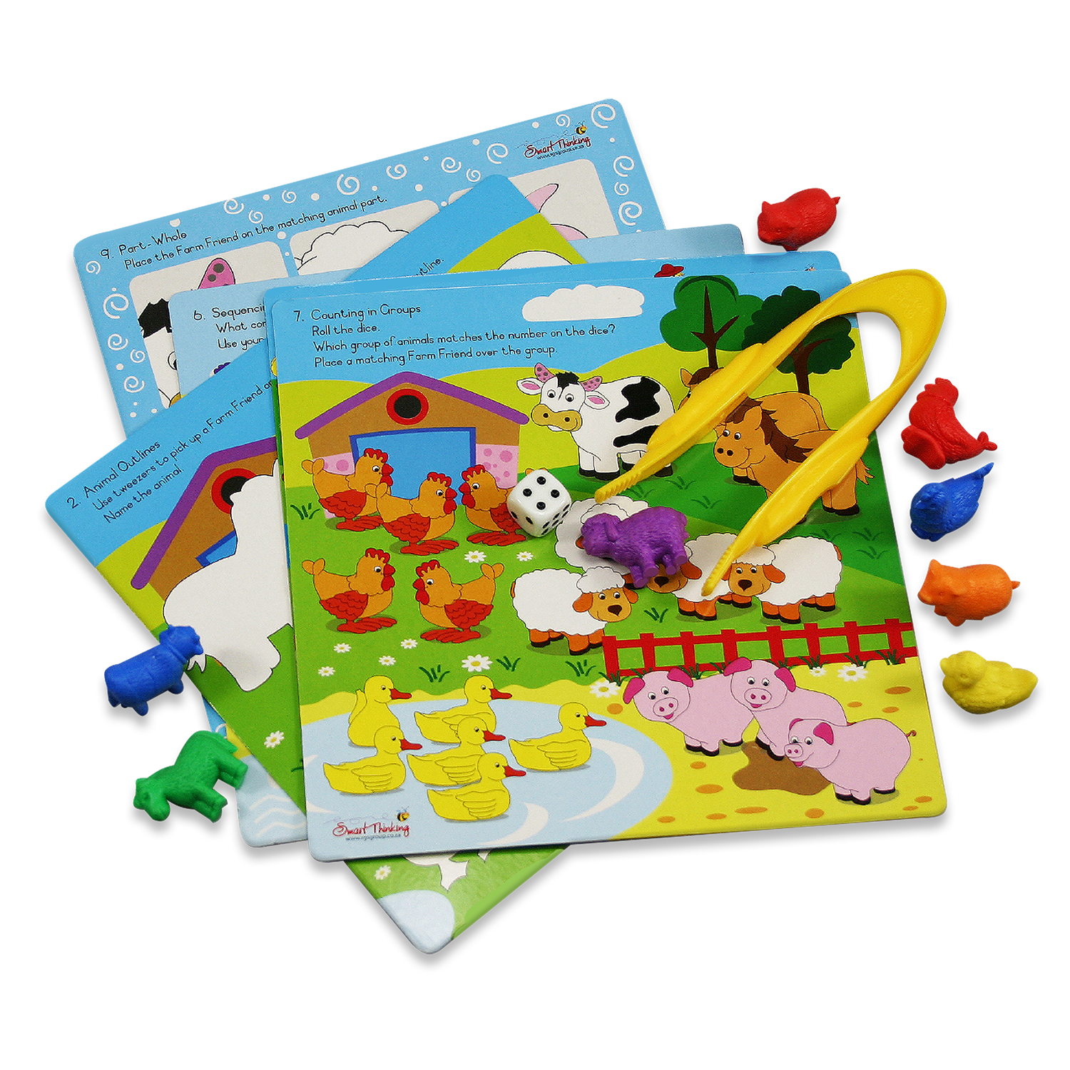 Farm friends preschool activity set contains 8 double-sided cards, soft-touch farm animals, a tweezer and dice