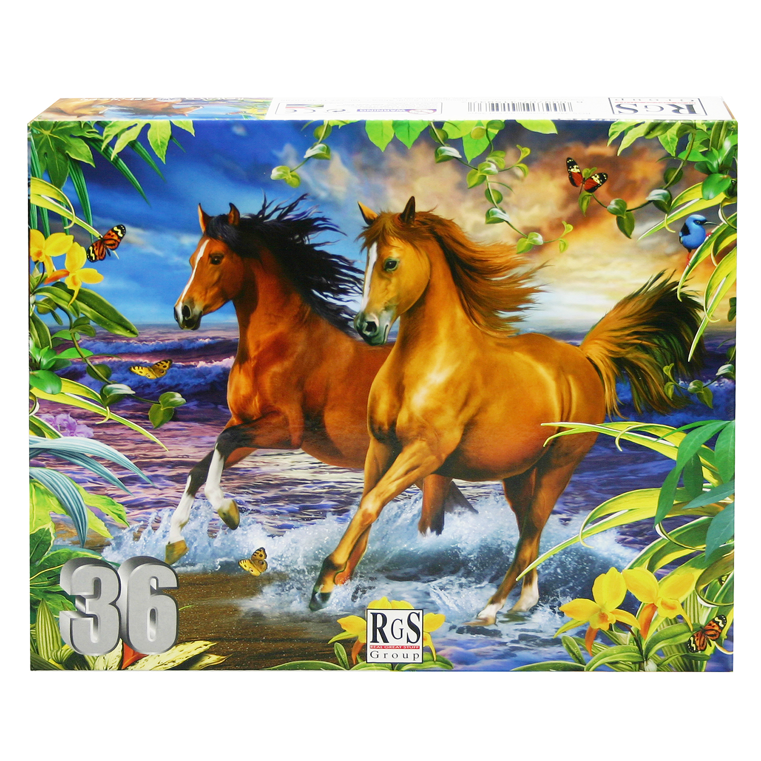 box of puzzle featuring horses running through the surf