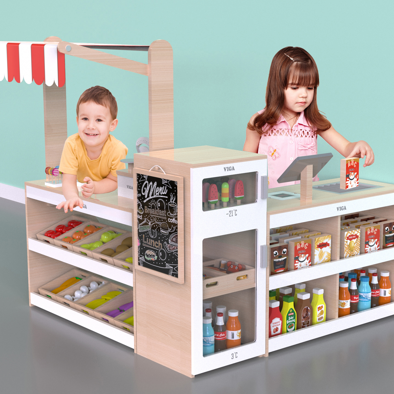 children playing in the supermarket which contains food display stand, refridgerator and fruit and vegetable stand