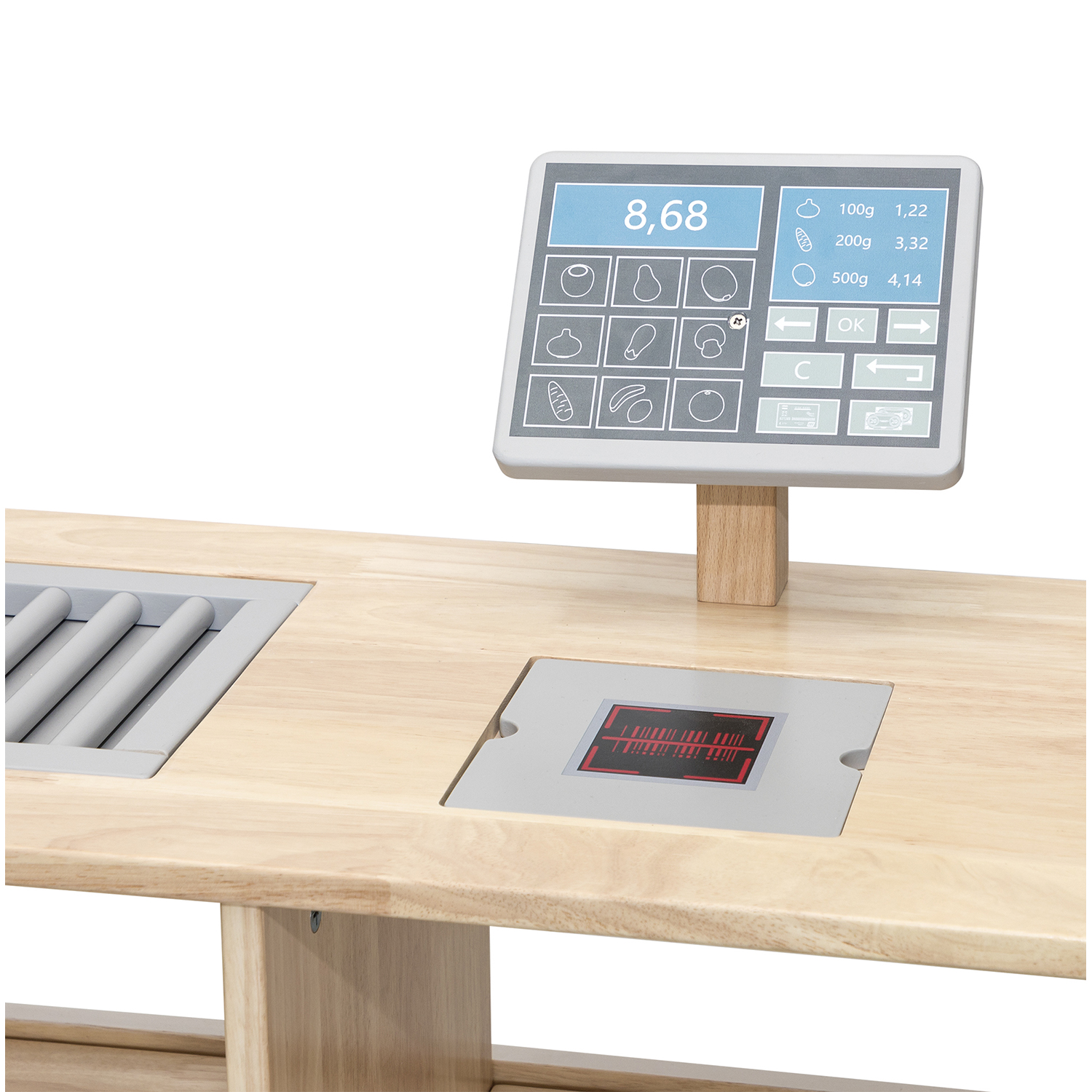 Supermarket food display stand features a till and scanner
