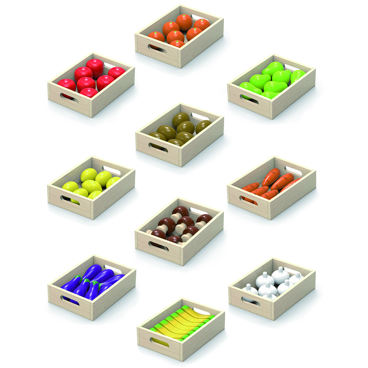 10 crated filled with various wooden fruit and vegetables