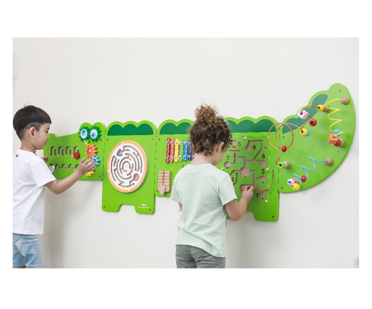 wall mount crocodile activity board with children playing