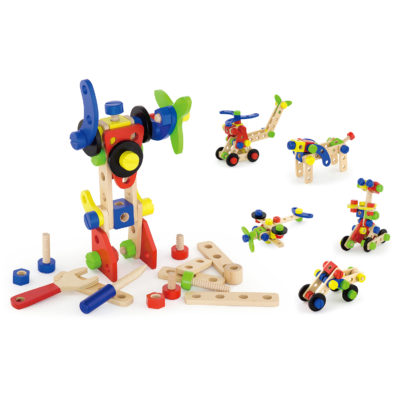 Viga wooden construction blocks in assorted shapes, colours and tools