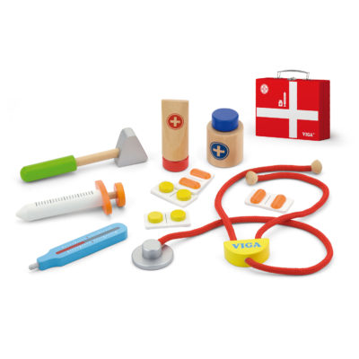 wooden toy medical aid kit in suitcase