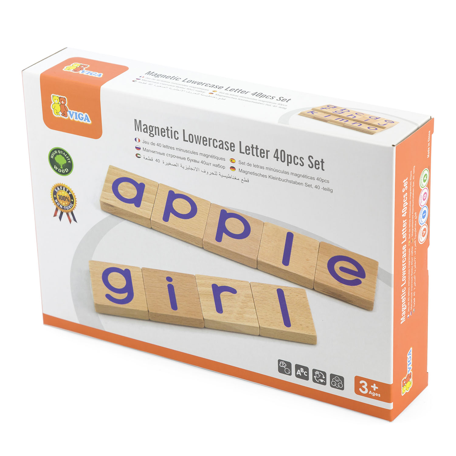 packaging box containing magnetic lowercase letter tiles wooden