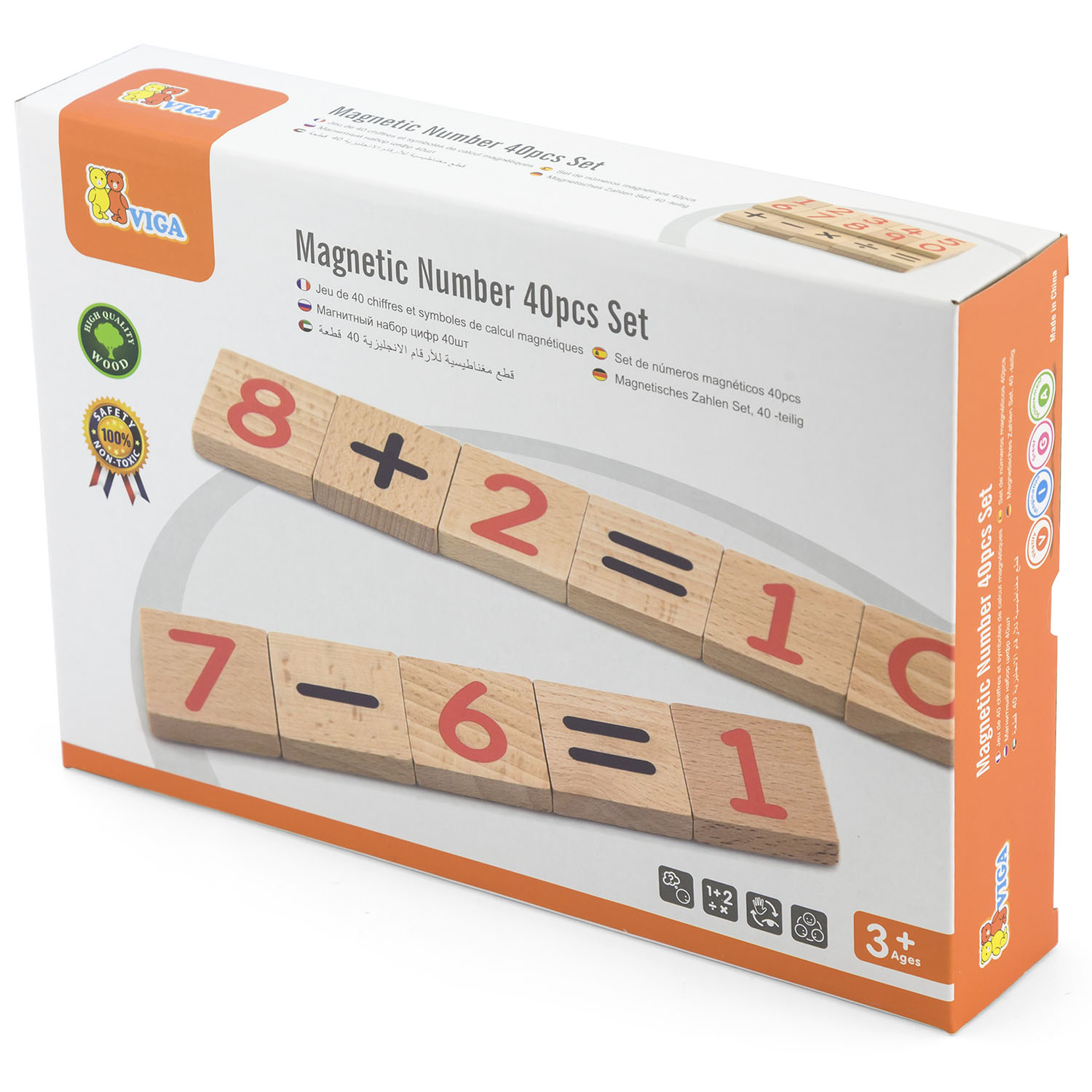 Viga packaging containing wooden magnetic number tiles