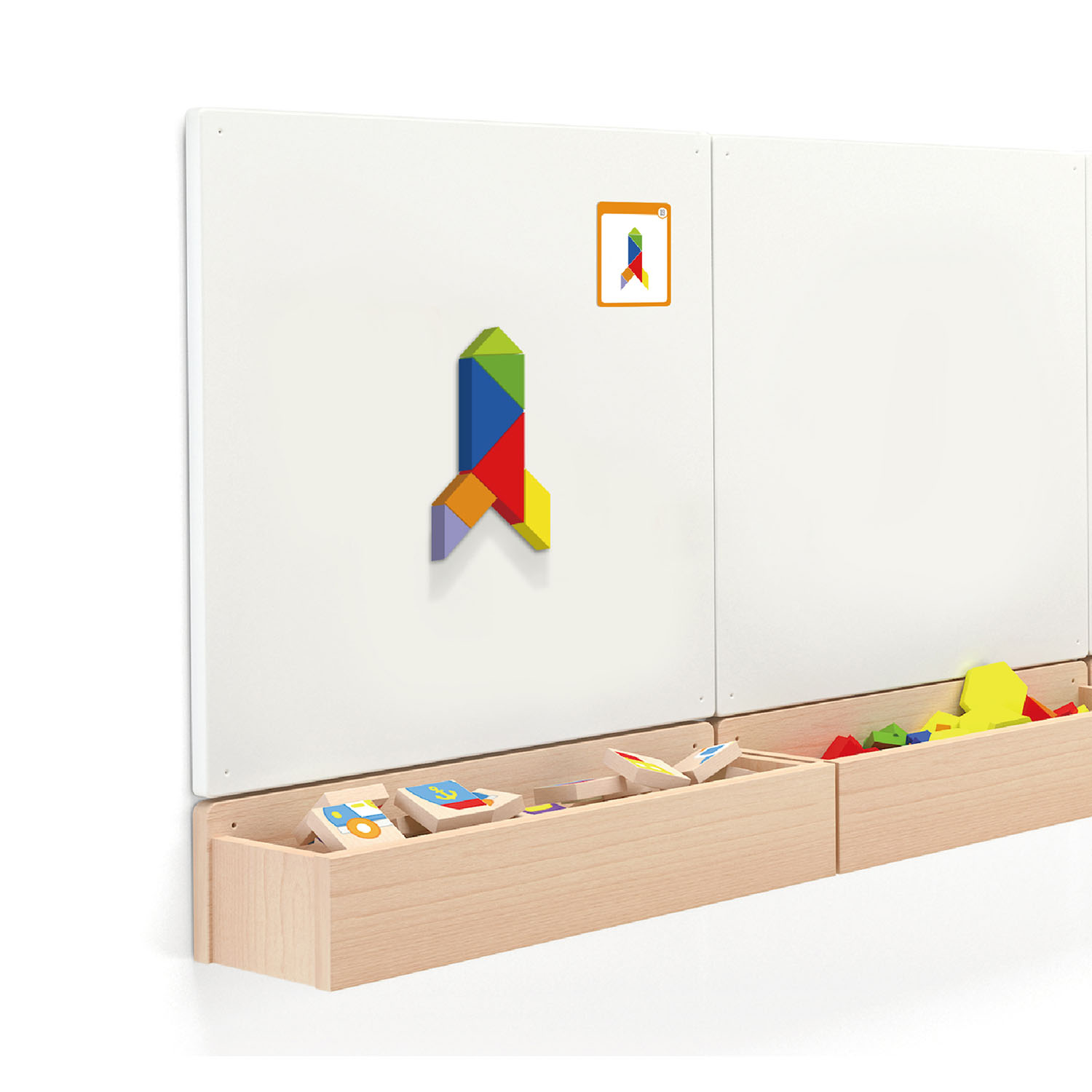 mgnetic wooden tangram and cards on magnetic white board