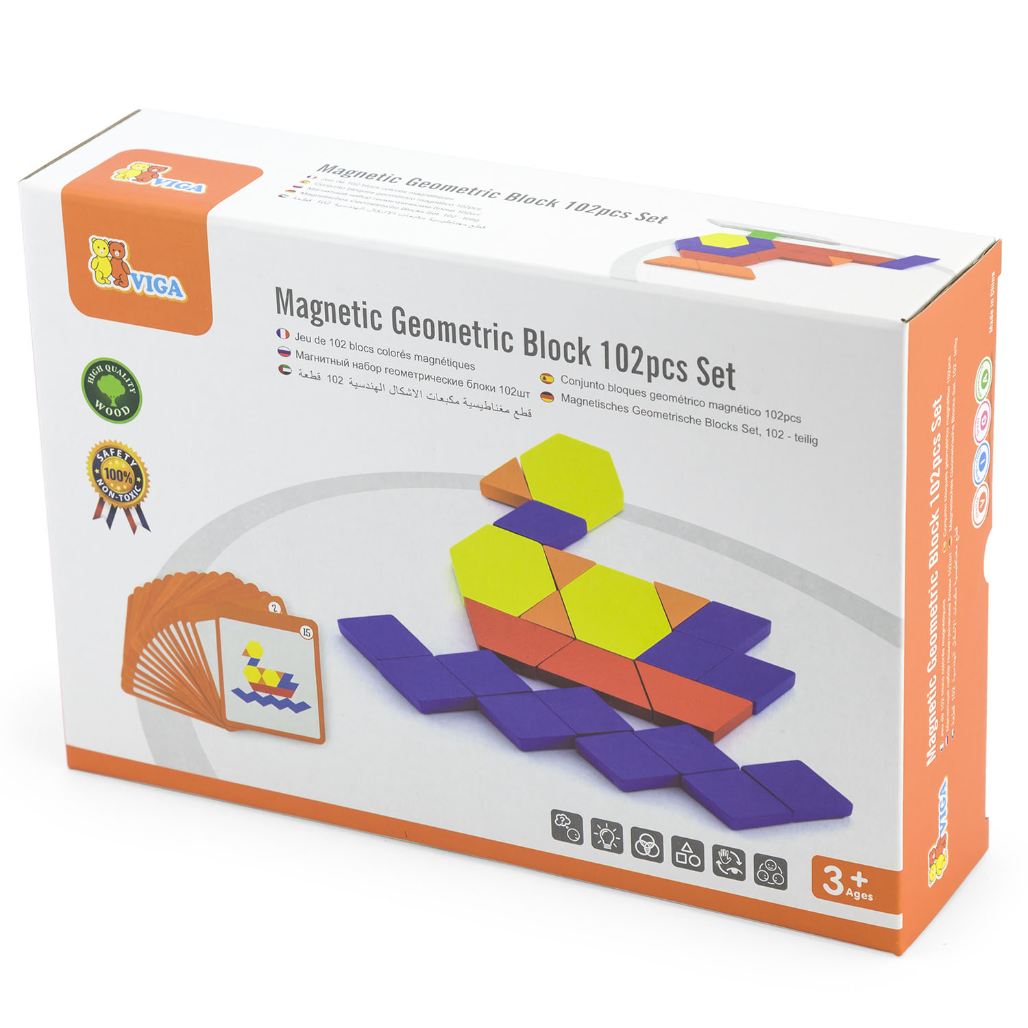 Viga packaging containing wooden magnetic geometric blocks