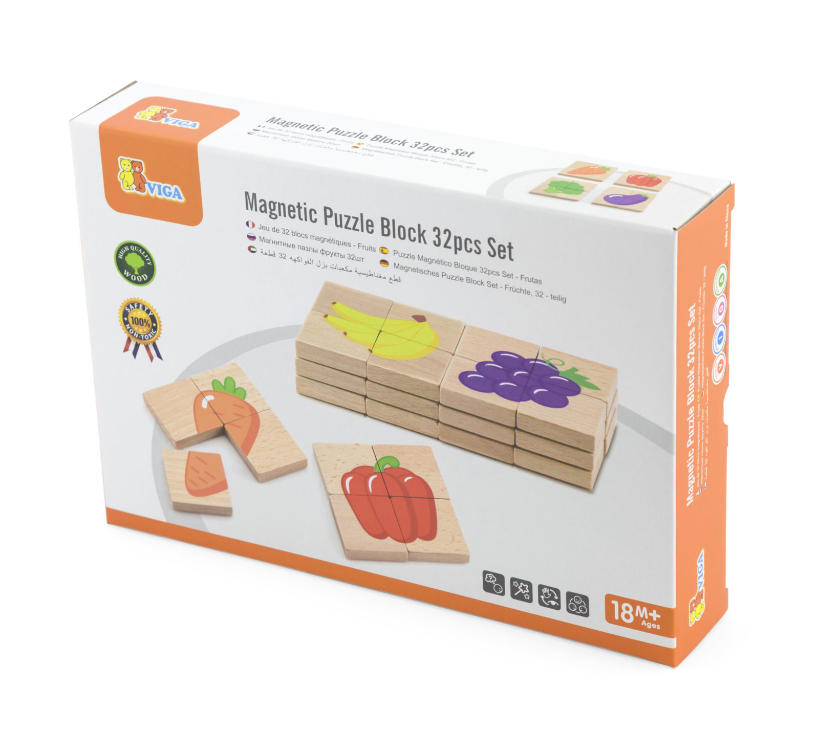 Viga Packaging containing magnetic wooden fruit and vegetable puzzle tiles