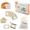 the pack conatins magetic wooden stencils, activity cards and tote bag