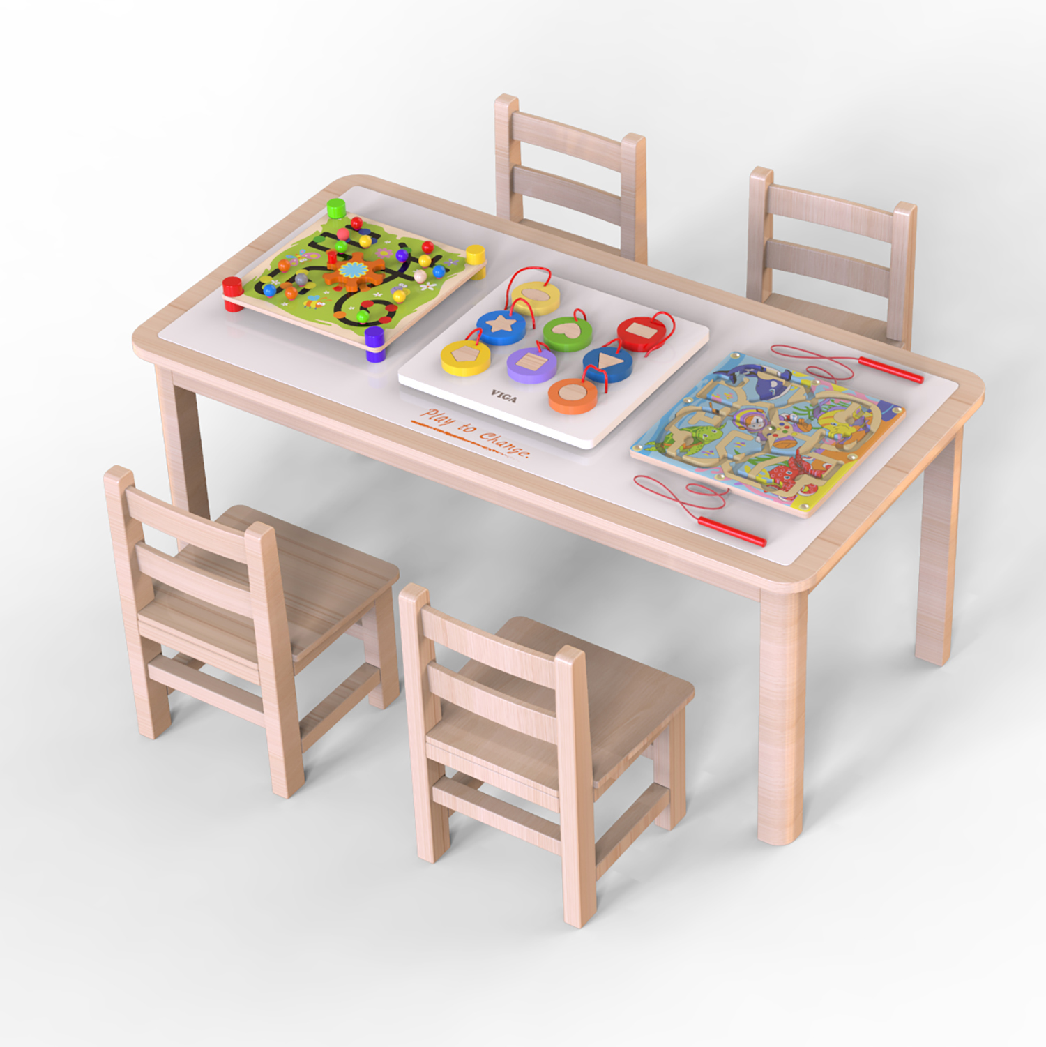 runnerwood table with 4 chairs and 3 toys on table top