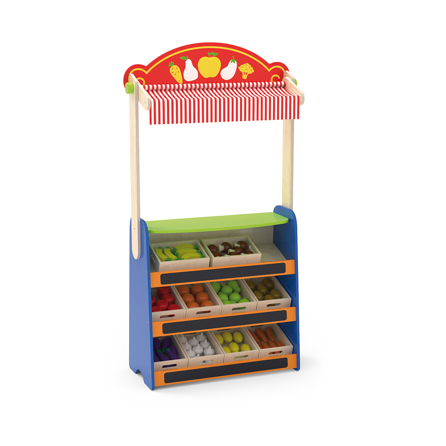 Wooden grocery stand containing wooden fruit and vegetables