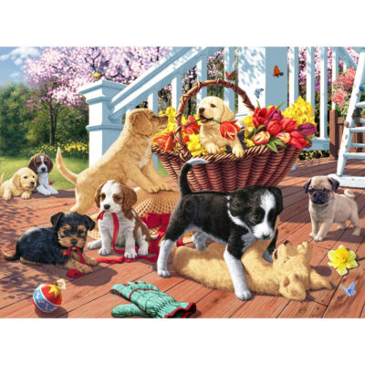 24pc puzzle of a group of mischievous puppies play on a porch.