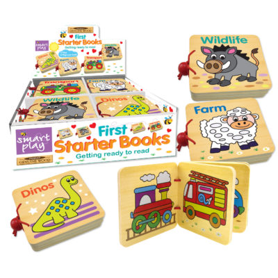 Displau box containing 12 wooden starter books