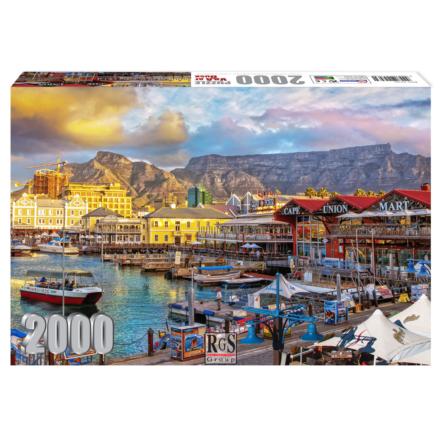box contains 2000pc puzzle of evening vie of V&A Waterfront overlooking Table Mountain