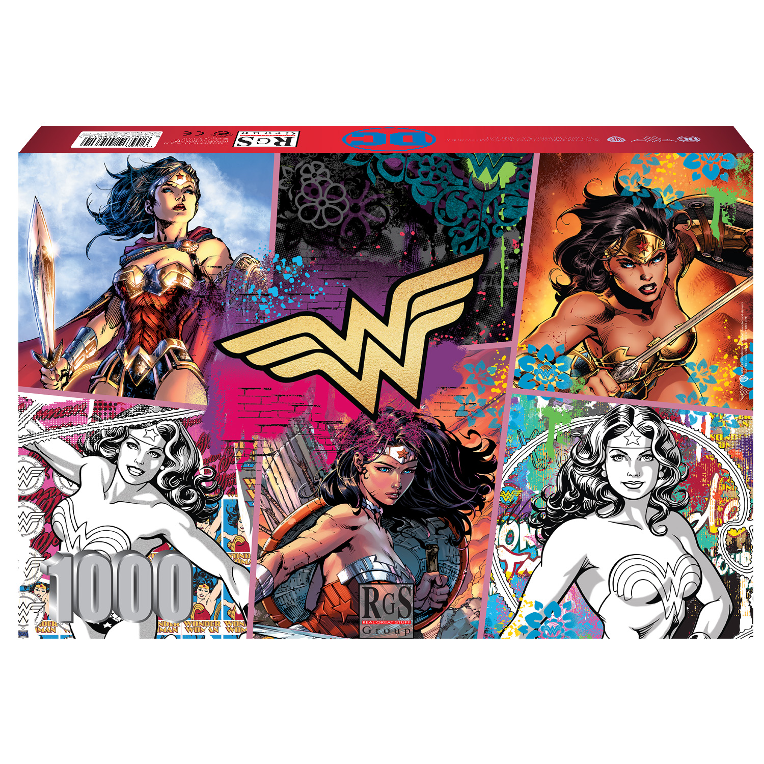 Box containing 1000pc puzzle of wonder woman in super heor poses