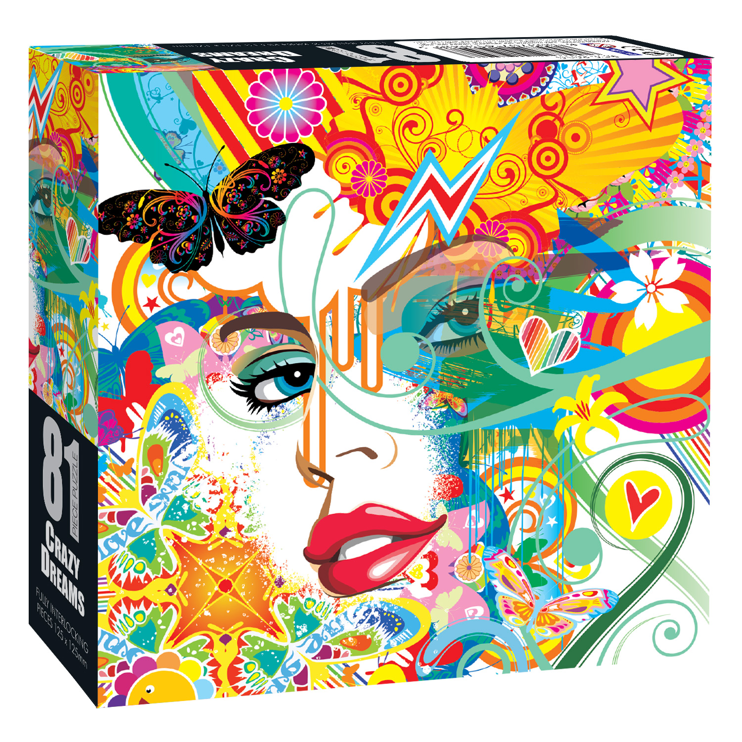 box containing 81pc puzzle crazy dream elements in many colours