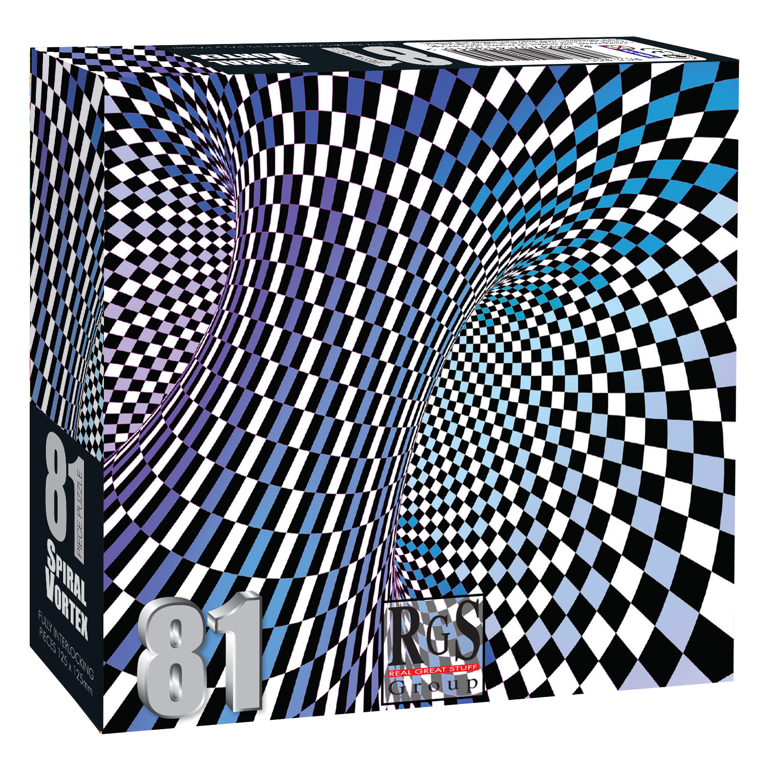 box containing 81pc puzzle of 3D spiral with vortex in blue, white and black