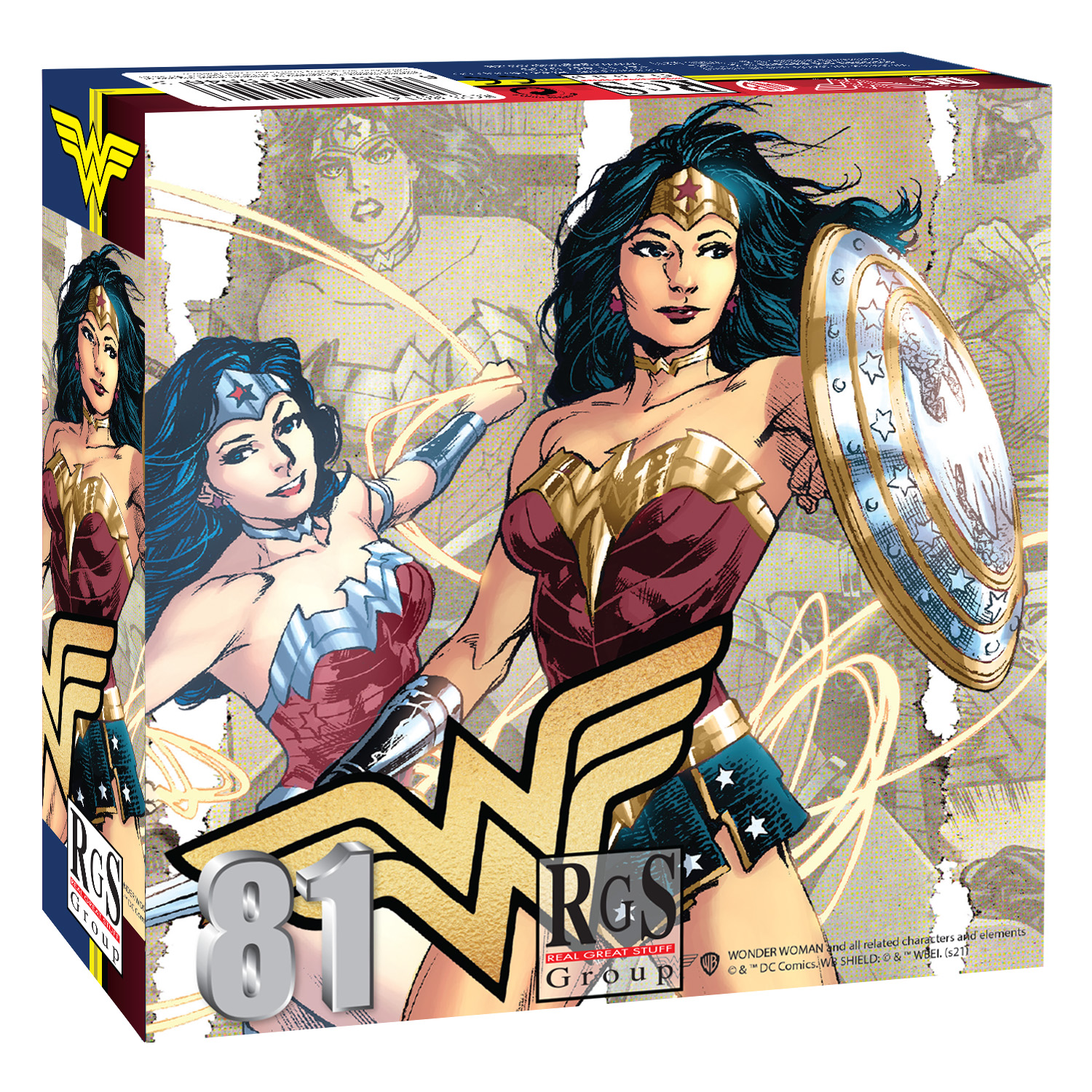 box containing 81pc puzzle of DC's Wonder Woman and her many faces