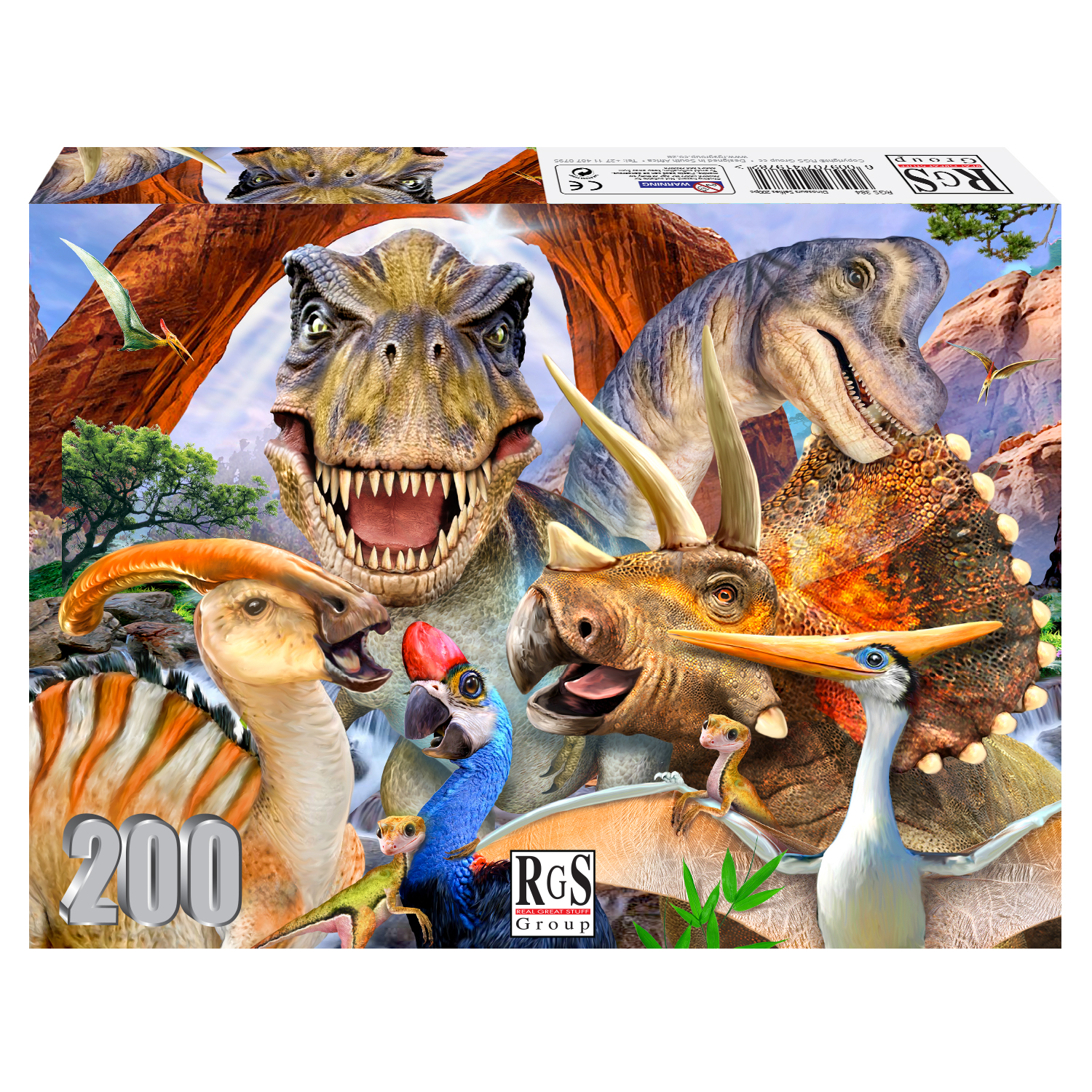 box containing 200pc puzzle of many dinosaurs grouped to gether for a selfie