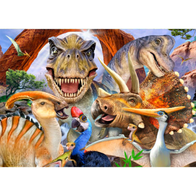 200pc puzzle of many dinosaurs grouped to gether for a selfie