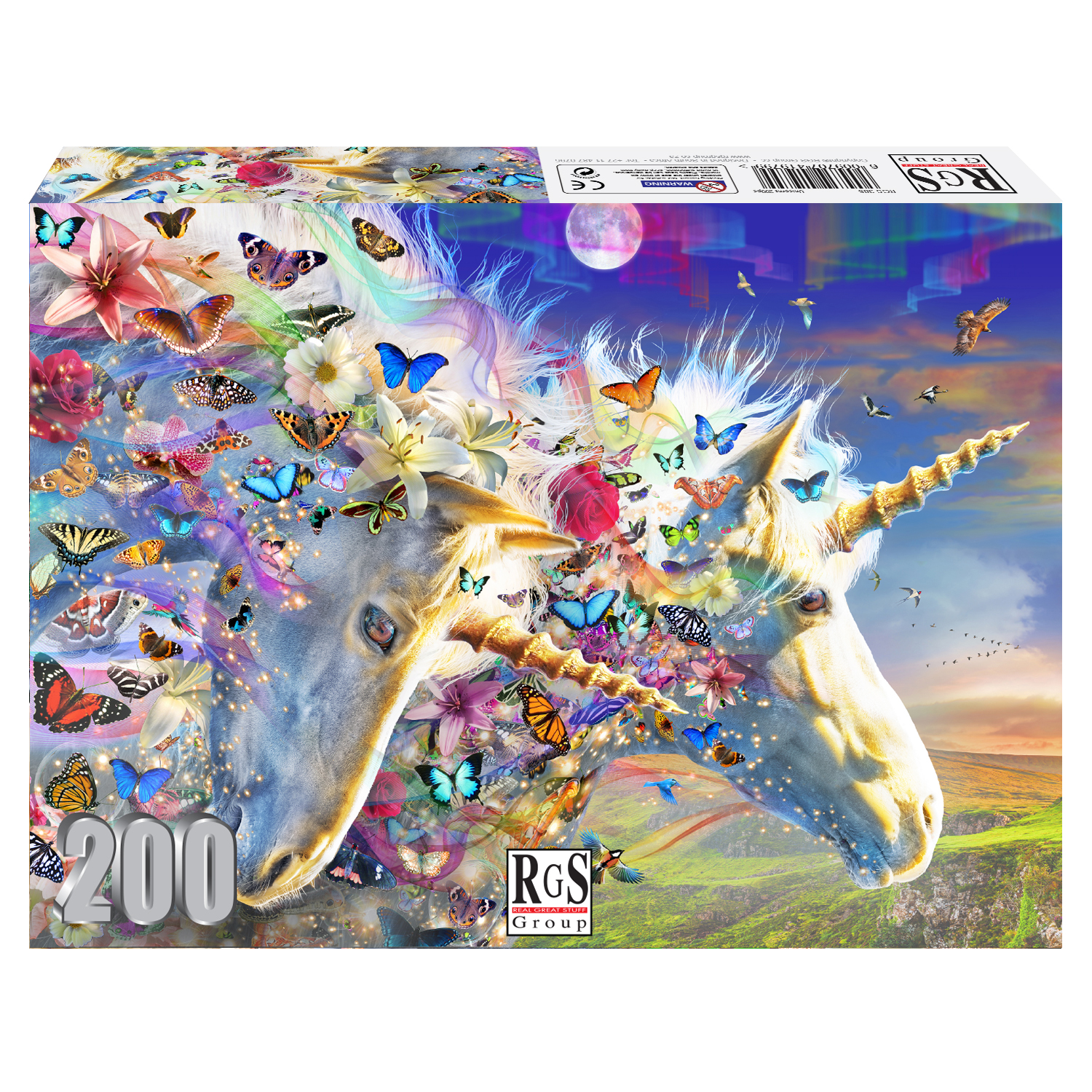 box containing 200pc puzzle of unicorns surreounded by butterflies