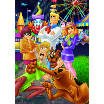 200pc puzzle of Scooby Doo and Mystery Inc at a carnival standing infront of a clown