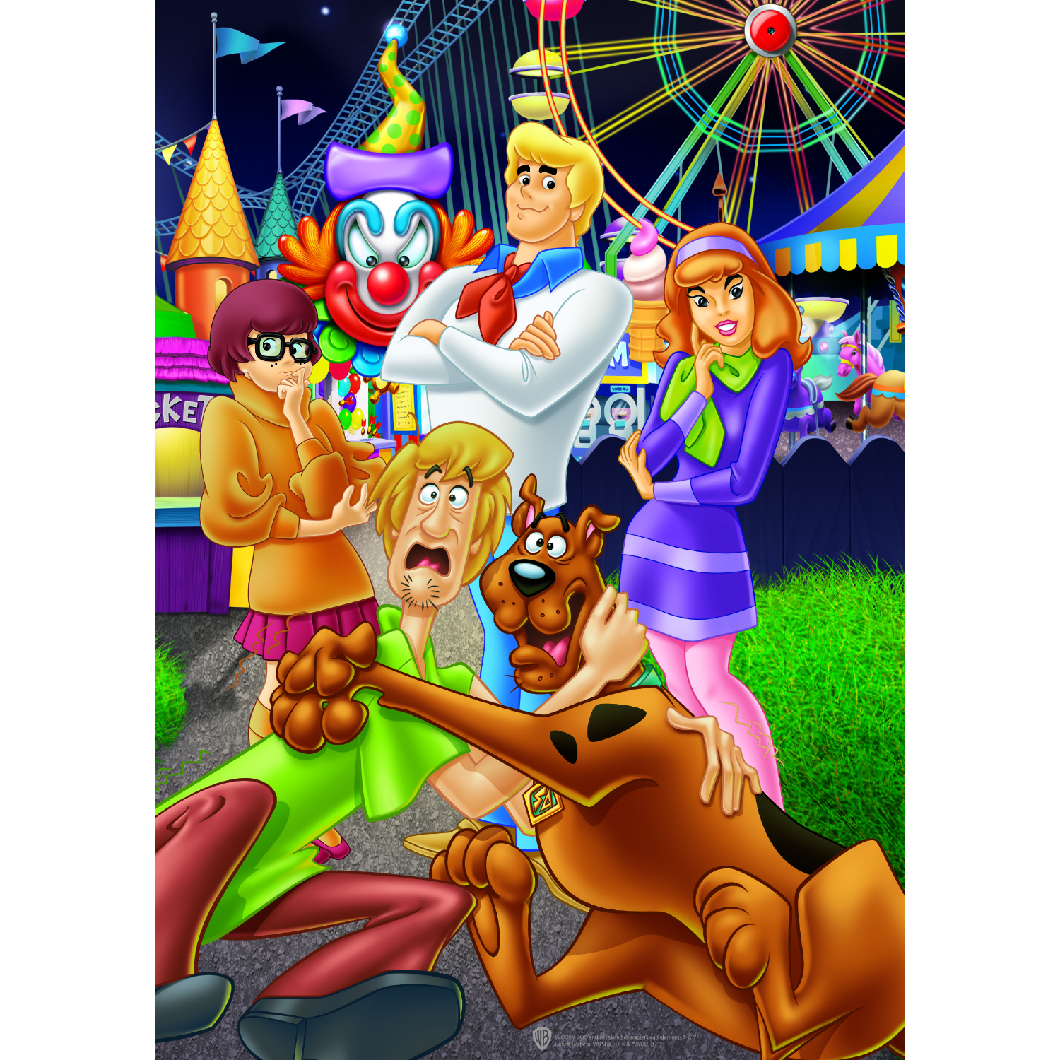 200pc puzzle of Scooby Doo and Mystery Inc at a carnival standing infront of a clown