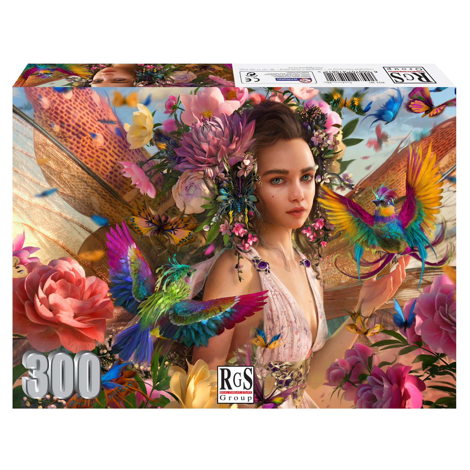 box containing 300pc puzzle of fairy princess surrounded by birds and flowers