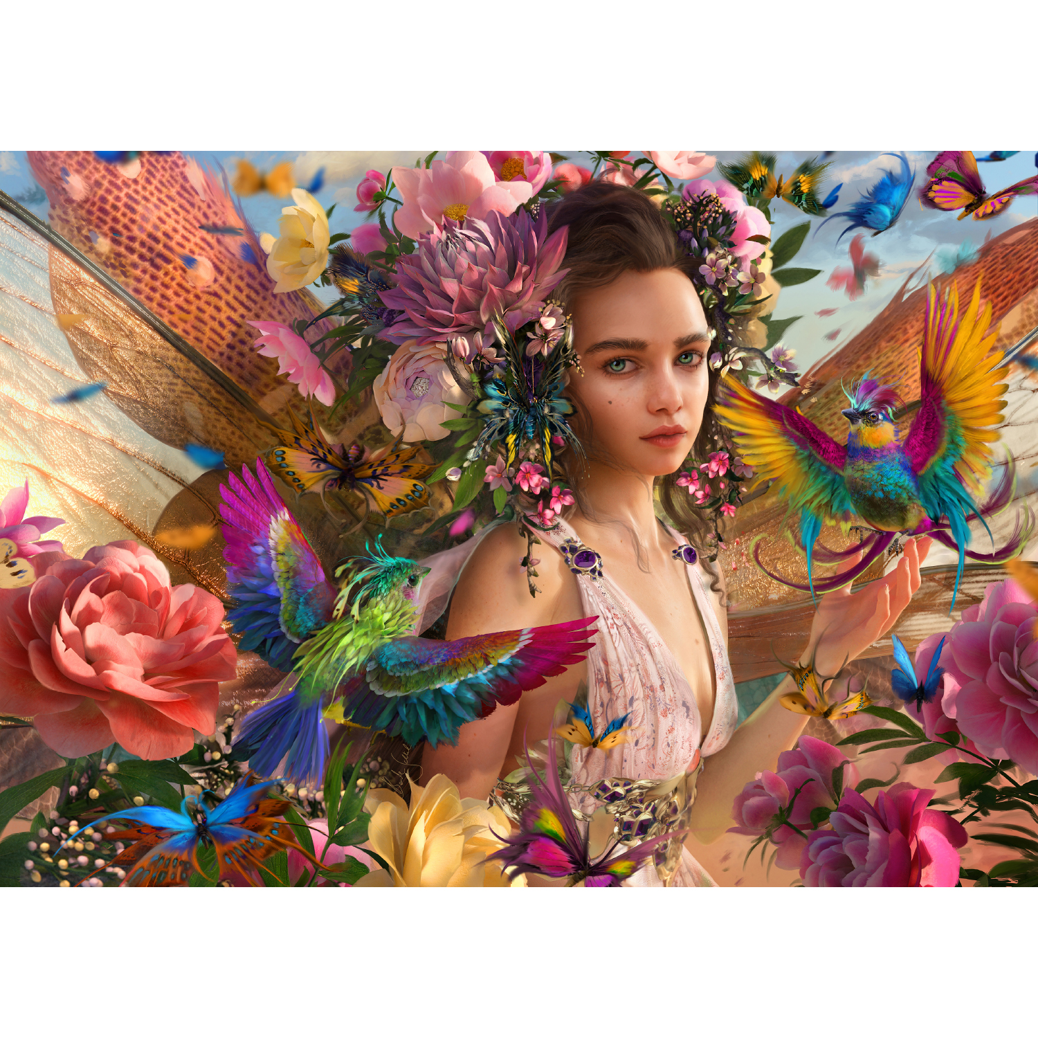 fairy princess surrounded by birds and flowers