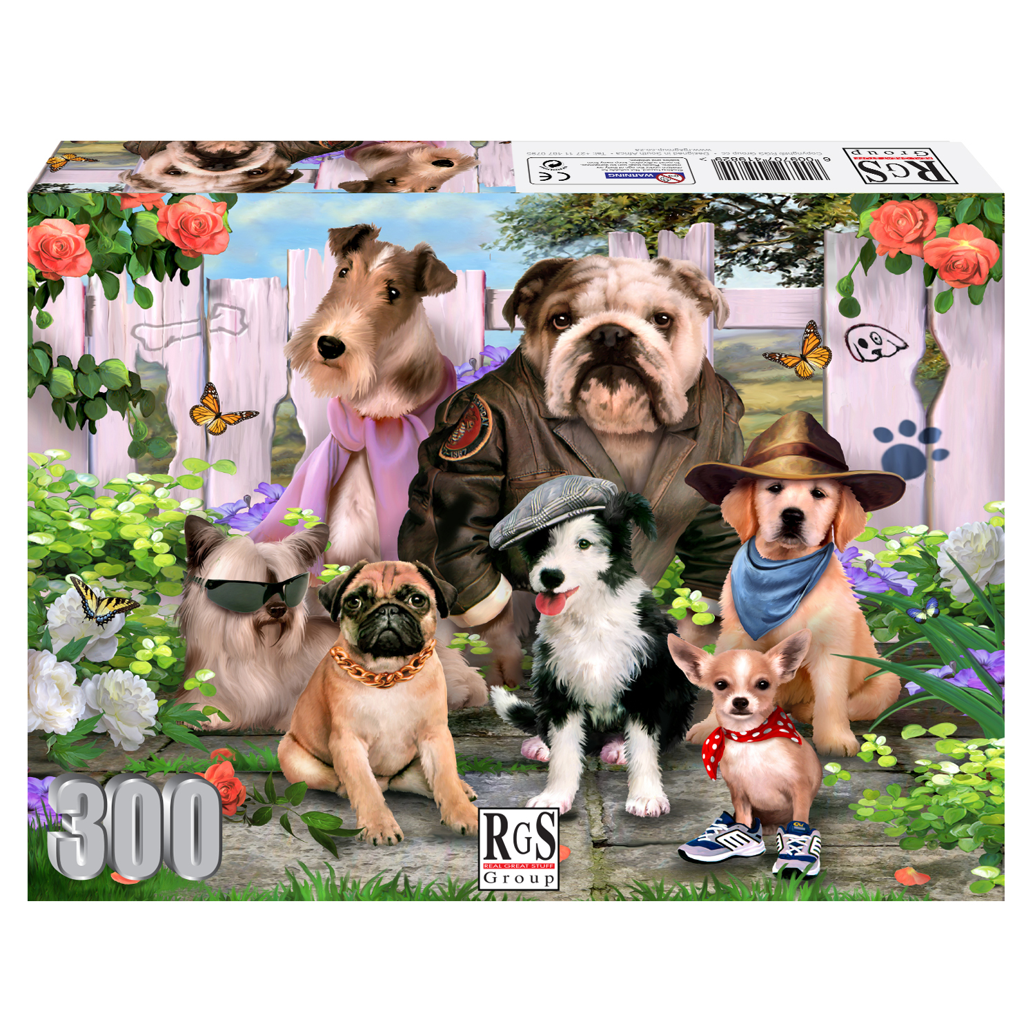 box containing 300pc puzzle of cool dudes dog pack sitting at fence