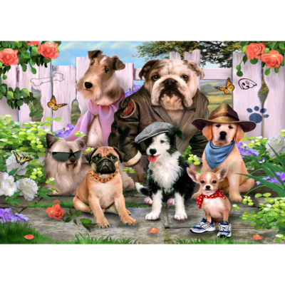 300pc puzzle of cool dudes dog pack sitting at fence