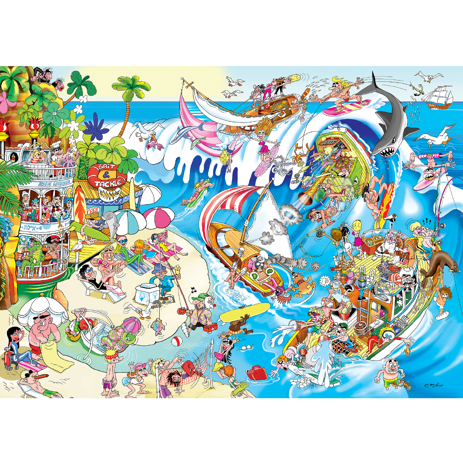 island paradise cartoon puzzle at the beach with many people