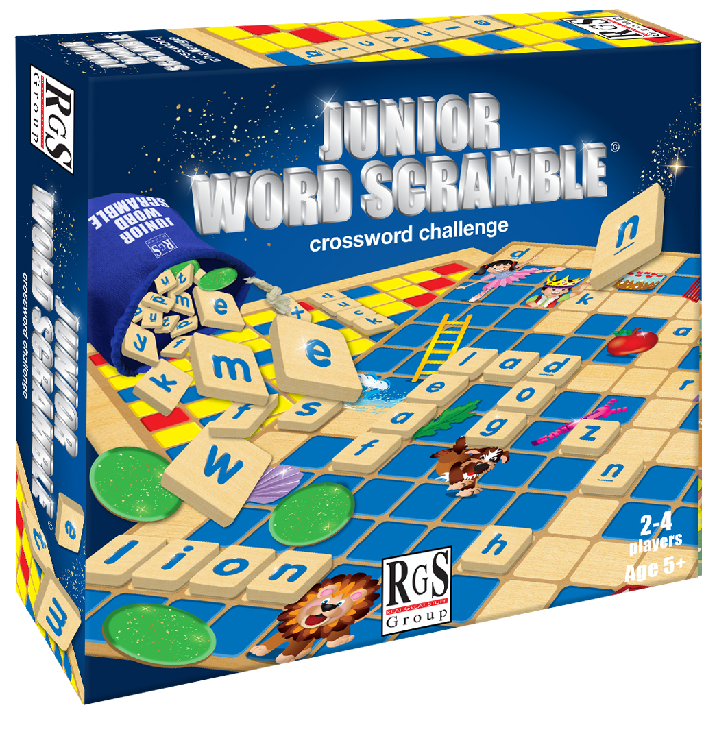 packaging containing junior word scramble game board and wooden tiles