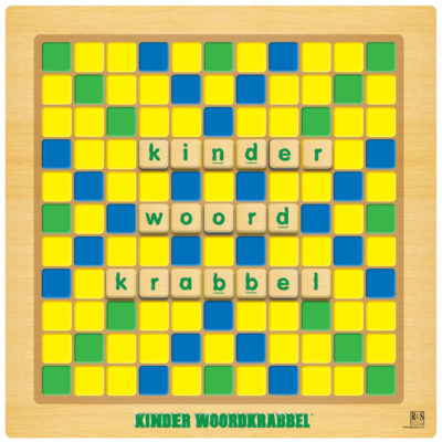 colourful scrabble type board game called Kinder Woordkrabbel