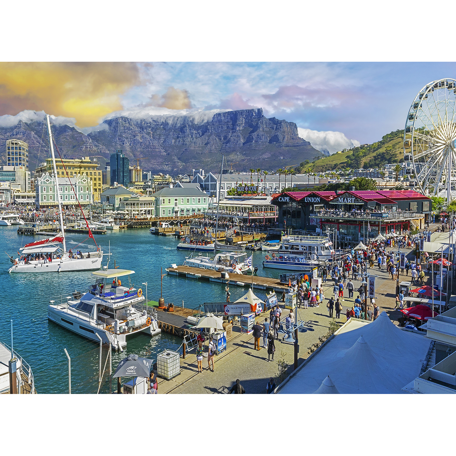 1500pc puzzle of people along V&A with view of Table Mountain