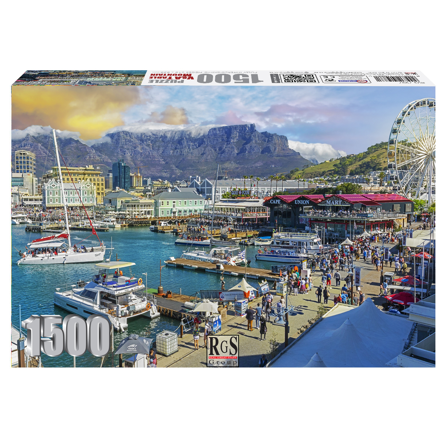 box of 1500pc puzzle of people along V&A with view of Table Mountain