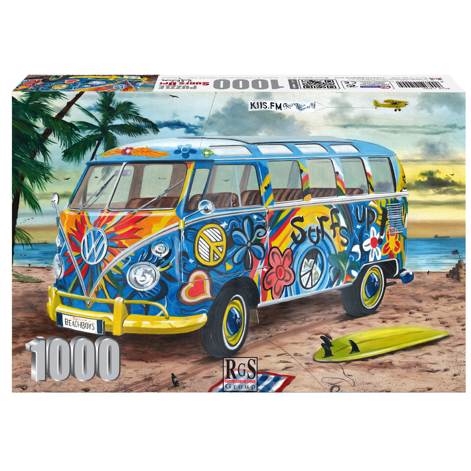 box of 1000pc puzzle of palm trees, sun, surfboard and VW Kombi
