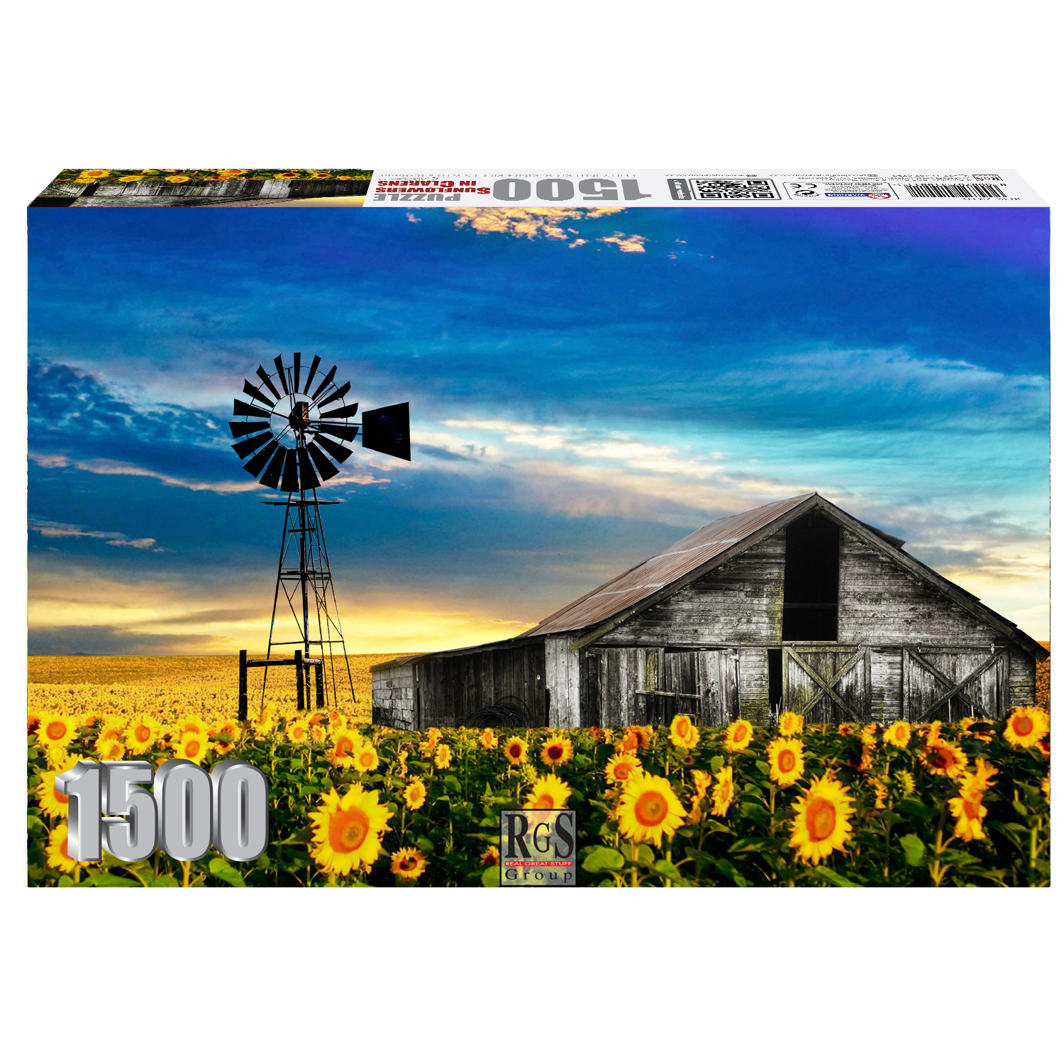 puzzle box of 1500pc puzzle sunflower fields in Clarens with old barn and windmill