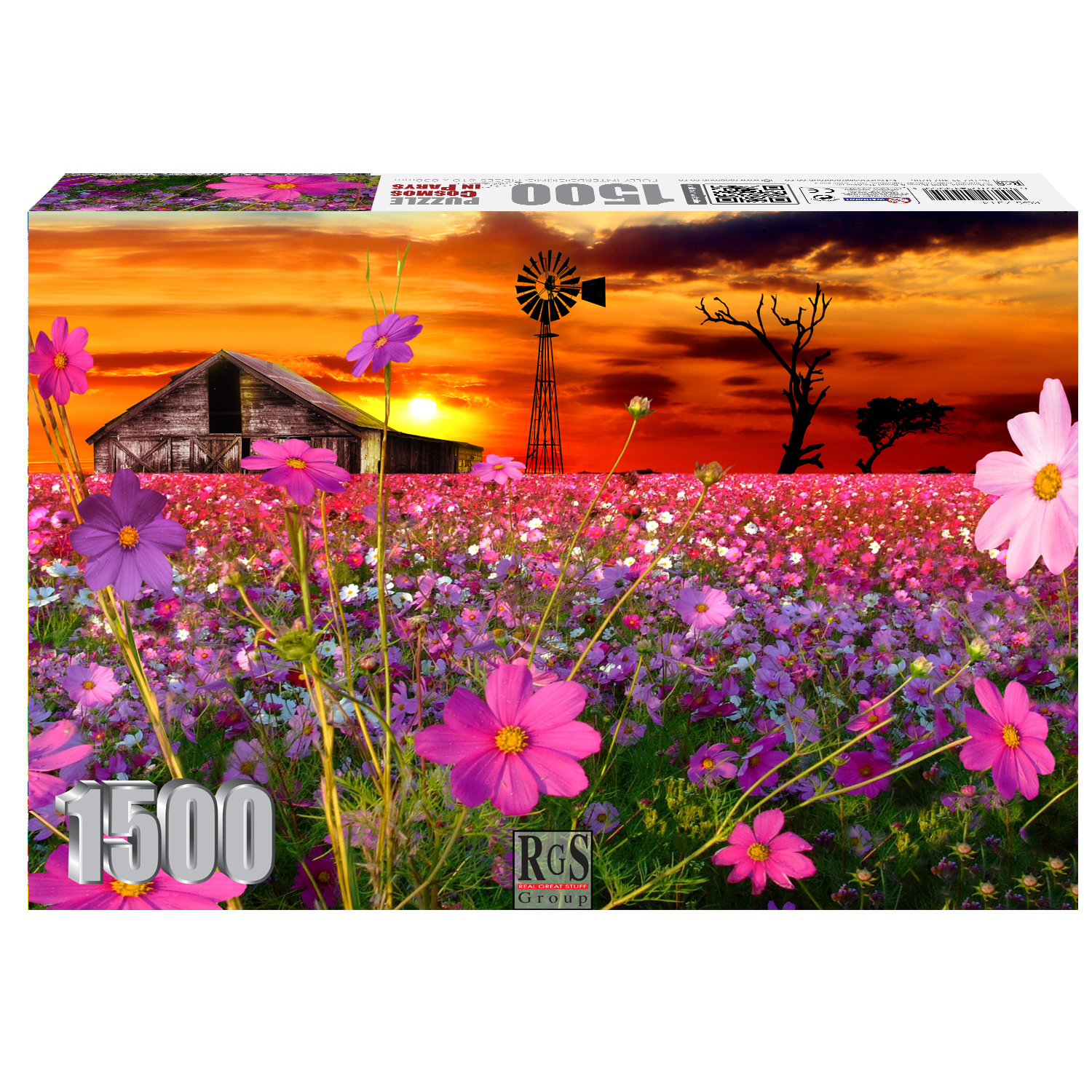 Puzzle box of 1500pc puzzle of sunset in with Cosmos, a windmill and barn
