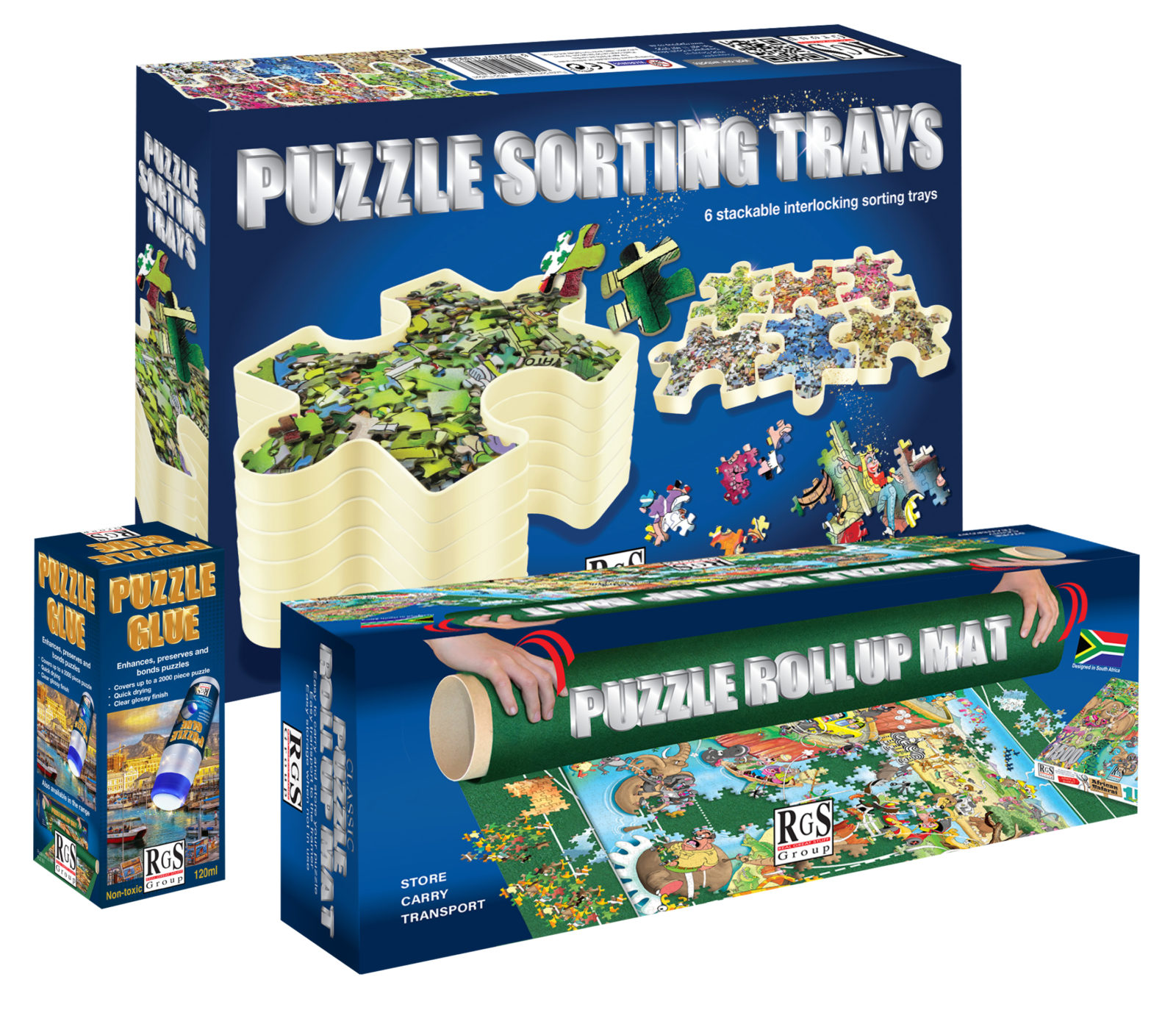 puzzle accessories include puzzle roll-up mat with puzzle glue and puzzle sorting trays