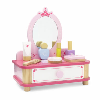 cute wooden dressing table toy with wooden make-up pieces