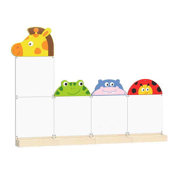 wooden decor faces (giraffe, frog, hippo, ladybird) mounted above wall mounted magnetic boards