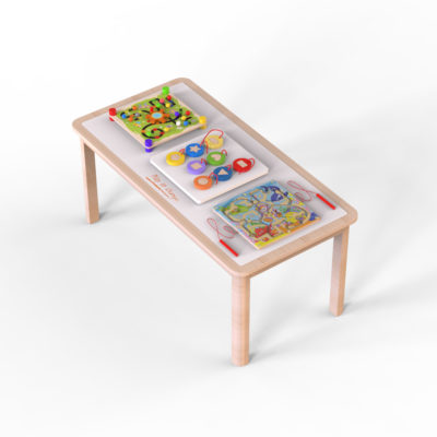 sturdy rubberwoodn table containing trace & trace game, shape-match board and magnetic bead trace game