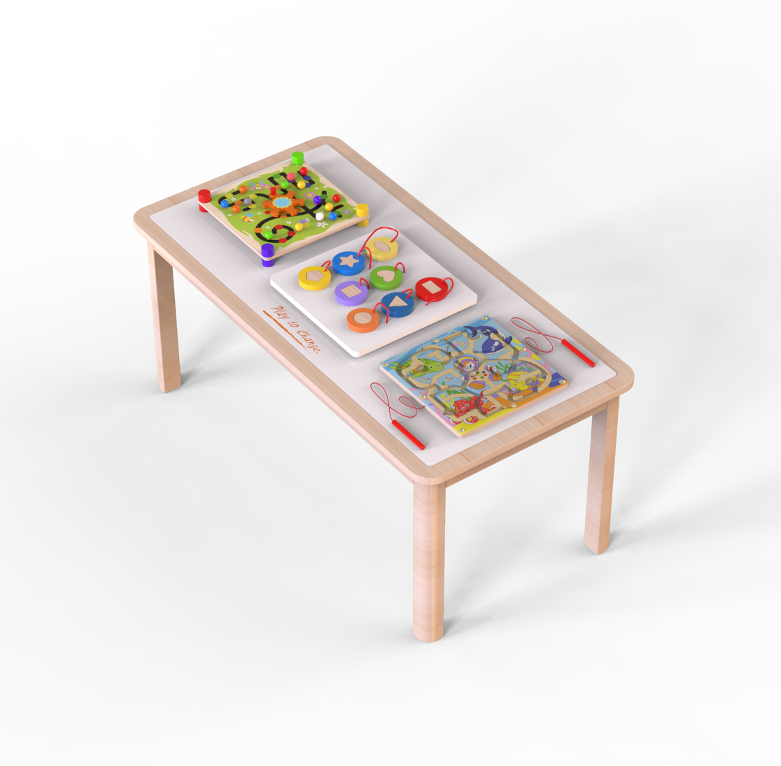 sturdy rubberwoodn table containing trace & trace game, shape-match board and magnetic bead trace game