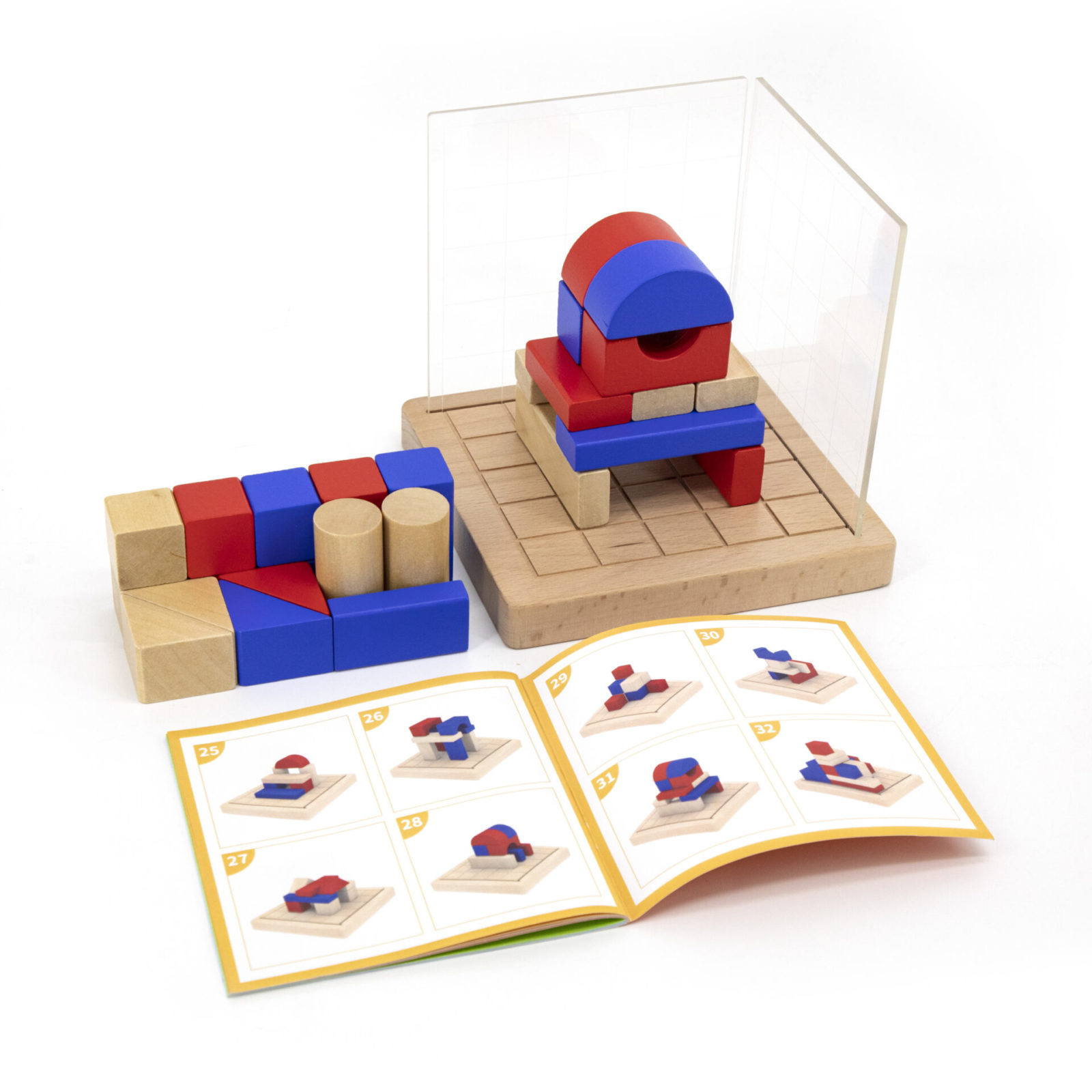 wooden block game with base and activity guide